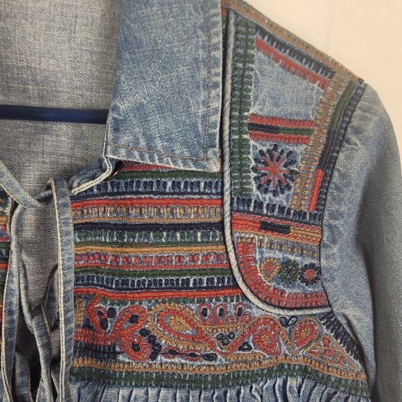 Embroidered denim front tie shacket Size XS boho western womens - Picture 4 of 9